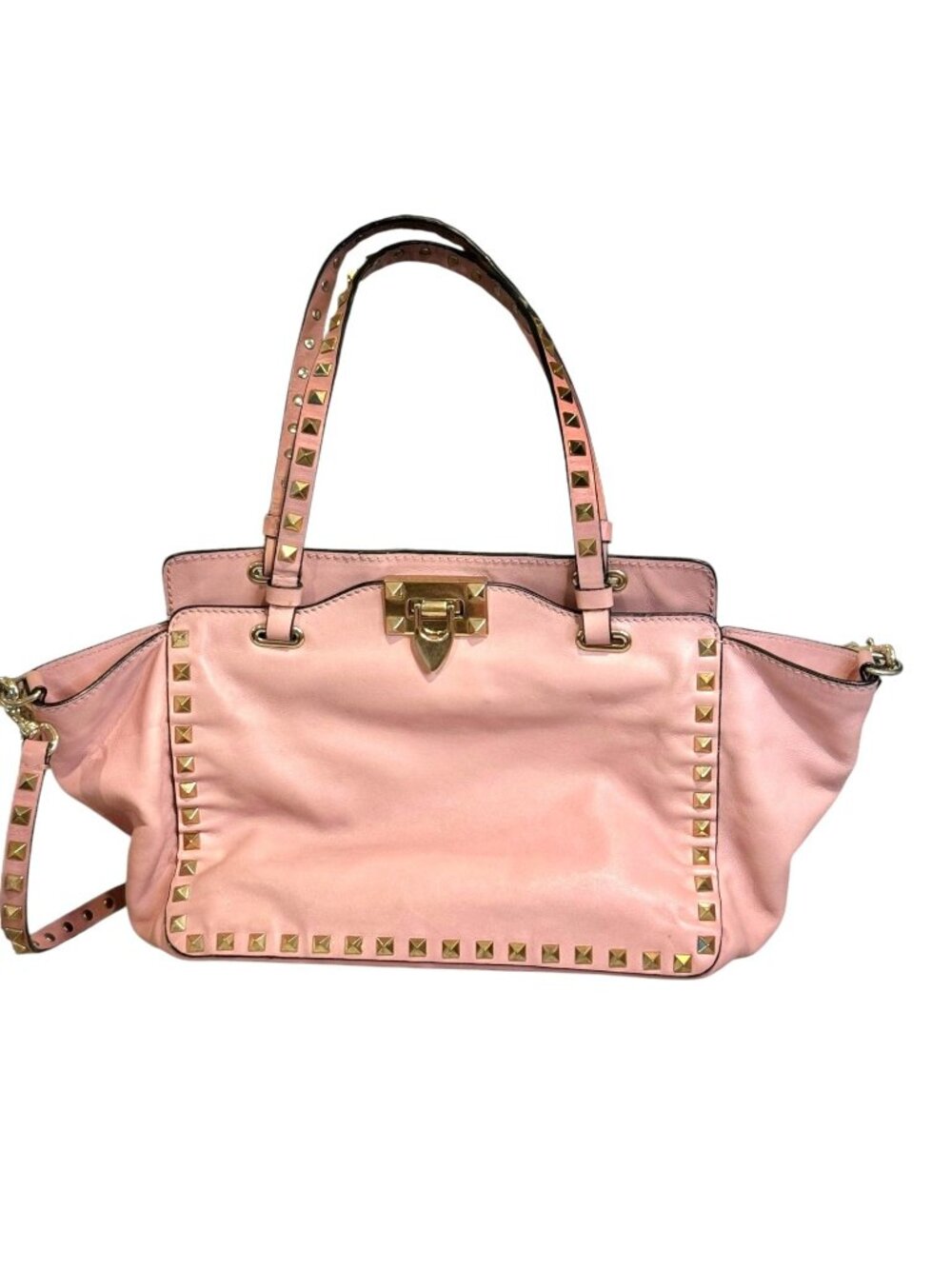 Valentino Garavani Pink Leather Rockstud Trapeze Small Tote Bag with COA